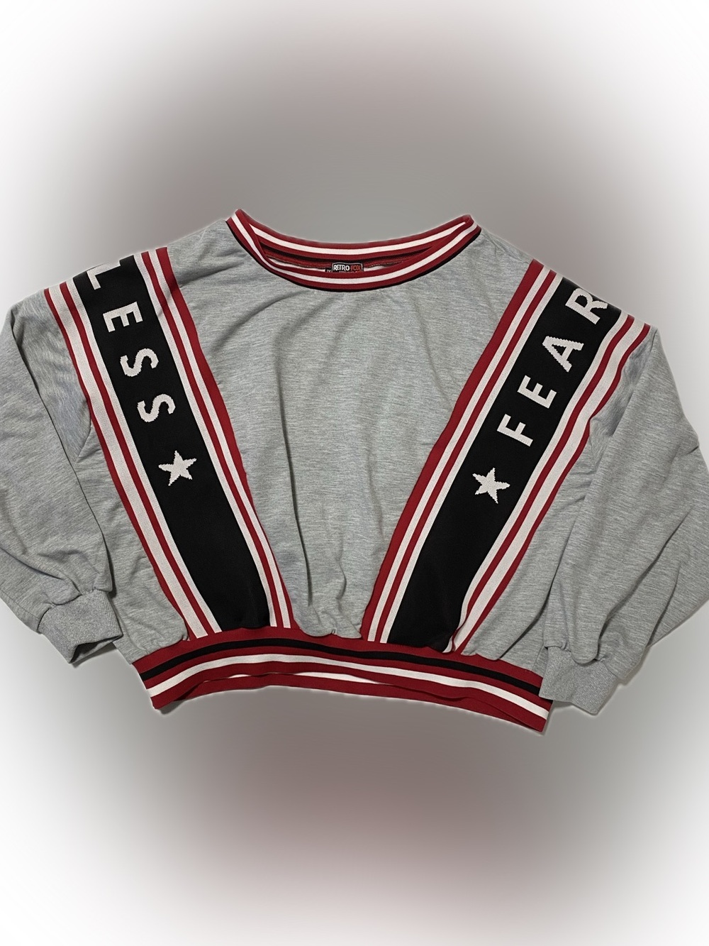 Grey Crewneck Sweatshirt with Red & Black Stripe Detail